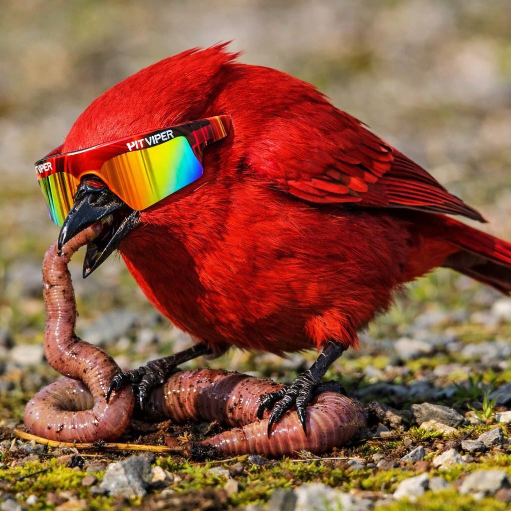 The degen final form of the early bird: a red bird in Pit Viper sunglasses already holding the worm