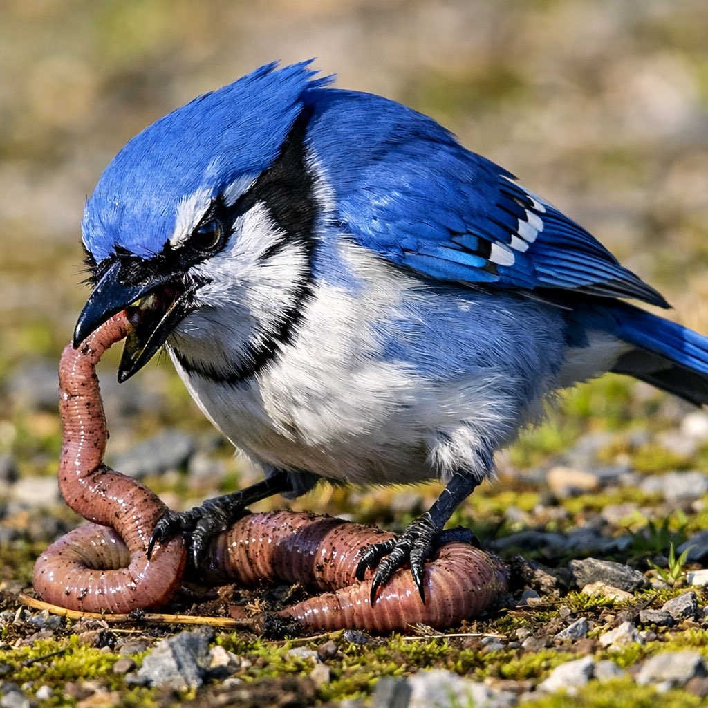 A blue bird holding the worm it caught first β the early bird gets the worm